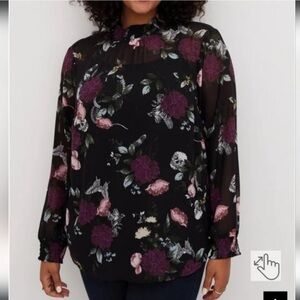 TORRID Sheer Floral Skull Blouse Womens 3X Black Long Sleeve High Neck